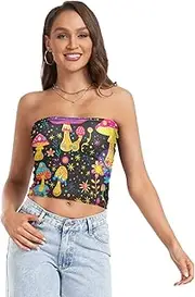 [RPLIFE] Psychedelic Mushroom Flowers Black Cropped Tube Top Strapless Top for Women, Mesh Tube Tops, Trendy Crop Tops (S)