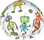 Cute Cartoon Robots Print Various Activities Shower Cap Reusable Soft And Lightweight Bath Hair Cap Long Hair