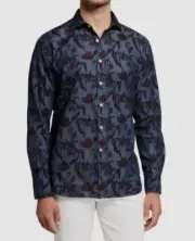 $315 Canali Men's Blue Floral Chambray Sport Button-Up Shirt Size L