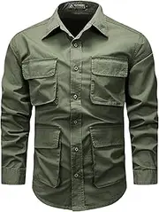 [Sunaei] Mens Cargo Long Sleeve Shirts Casual Multi Pockets T Shirts Outdoor Loose Tooling Tops Cotton Lapel Button Down Shirts