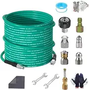 50FT Sewer Jetter Kit for Pressure Washer,1/4‘’NPT Drain Cleaner Hose 5800PSI, with Adapter Corner Rotating Button Nose Sewer Jetting Nozzles Kit Pearl Corsage Pin Spanner Waterproof Tape