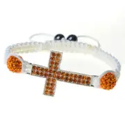 Silver Tone Cross Orangle Crystals White Cord Macrame Beaded Adjustable Bracelet