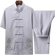 [NTWSHS] Chinese Clothing Men Tai Chi Clothing Suit Tang Suit Tops Pants Traditional Chinese Clothing, Hanfu Cotton Linen Short Sleeve Kung Fu Martial Uniform Men Shirt Coat Mens(Gray,-40)