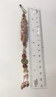 Junk Journal Tassel Handmade Boho Dangle Ornament Beads Wire Fabric Pink Red 002