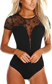 MAYFASEY Women's Bodysuits Sexy Long Sleeves Sheer Mesh See Through Jumpsuit Bodysuit Top Leotard