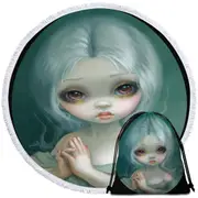 Wishful Thinking Sweet Big Eyed Girl Painting Round Beach Towel
