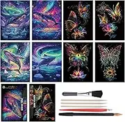 Adult Scratch Art Kit, 8 Pieces Rainbow Paper Set Whale and Butterfly with Tools Landscape Scratching Board