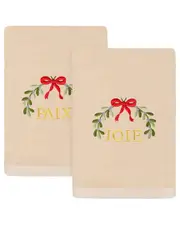 Linum Home Textiles Set of 2 Christmas Mistletoe Paix & Joie Embroidered Luxury Turkish Cotton Hand Towels