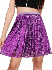 [BALAYSIER] Sequin Skirt Women's Elastic Waistband Glitter Skirt with Lined Halloween Stage Dress, Purple, M