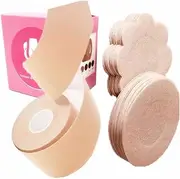 [Brostown] Boobs Tape - Breast Lift Tape 2" x 16" and 10 Pair Disposable Round Nipple Cover, Push up Boobs A to DD Cup Adhesive Bra … Beige, Beige