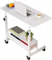Mobile Desk Height Adjustable Sit to Stand Table Tray Sofa Side Bed Laptop Cart Portable with Wheels Overbed Rolling (Color : White)