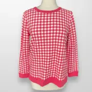 Talbots Med Petite Sweatshirt Top Shirt Pink Gingham Crew Neck Long Sleeve NEW
