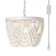 White Plug-in Wood Beaded 3-Light Small Boho Farmhouse Chandelier with 20ft C...