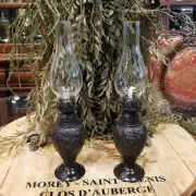New Vintage Set of 2 Bronze Restoration Hardware Bronze Oil/Kerosene Lamp