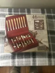 Prescott 46 Piece 24k Gold Plated Stainless Steel Silverware Set With Chest -New