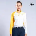 【PLAYBOY GOLF】女款不對稱剪接LOGO立領長袖POLO衫-黃(吸濕排汗/高爾夫球衫/KA22222-35)