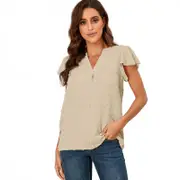 Nevenka Womens Ruffle Shirts V Neck Short Sleeve Pom Chiffon Blouses Tops-Apricot