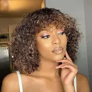 Short Curly Human Hair Wigs with Bangs Gradient Glueless Wigs for Black Women Brown Wigs for Wearing and Wearing with Lace Front