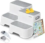 UNCLE WU 2 Pack Step Stool for Kids & Adults – Detachable Dual Height Non-Slip Stools for Bathroom, Kitchen, Bedroom,Toilet Potty Training – Gray White