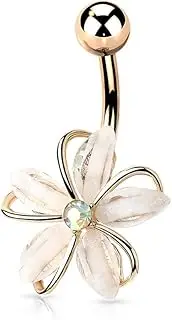 [Pierced Owl] 14GA Stainless Steel CZ Crystal Centered Wire Set White Flower Belly Button Ring