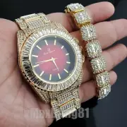 HIP HOP GOLD PT RED DIAL LUXURY BLING WATCH & ICED BAGUETTE CHAIN BRACELET SET