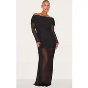 Plus Black Mesh Overlay Long Sleeve Bardot Maxi Dress, Black