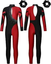 [iEFiEL] Girls' Long Sleeve Unitard Dance Costume Shiny Rhinestone Full Body Suits Gymnastics Jumpsuit Ballet Leotard