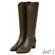 Ann’S寬版防水絨布-超修身V口顯瘦粗跟西部及膝長靴-黑