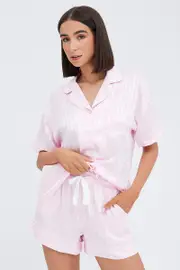 Pink Stripe Satin Stripe Pj Piping Button Through Pyjama Set - Size L, Women's Satin Set
