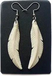 Handmade 2.4 Carved Bone Feather Dangle Earrings ; FA026