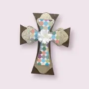 Wooden Decorative Cross 15" Wall Ornament Gold Glitter Polka Dots Flower