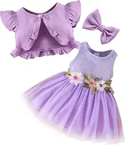 [AIEOE] Christening Dress Baby Girl Set Waffle Jacket + Net Tutu with Flowers + Hair Accessories Baby Dress for Christening Wedding Summer 3 Months - 3 Years, Purple, 18-24 Months