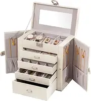 [FEIYAN] Jewelry Box for Women 5-layer Leather Jewelry Organizer Box with Drawers/Mirror, White Jewelry Box Large Jewelry Case for Necklace/Ring/Earring/Watch Storage (White)