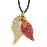 Fashion 24K Gold And Iridescent Copper Dipped Double Real Evergreen Leaves 20 Inch Leather Cord Necklace