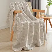 PHF 100% Cotton Waffle Weave Throw Blanket - Washed Soft Lightweight Blanket for All Season - Breathable and Skin-Friendly Blanket for Couch Bed Sofa 50"x60"- Light Khaki/Linen