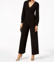 Adrianna Papell Women's Black Draped V-Neck Long Sleeve Jumpsuit Size 10