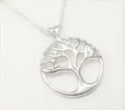 BEACH FASHION SILVER TONE RHODIUM TREE OF LIFE CIRCLE NATURE PENDANT NECKLACE