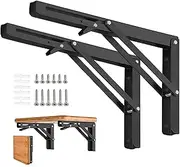 Folding Shelf Brackets 16 Inch 2 Pcs - Heavy Duty Stainless Steel Collapsible Triangle Shelf Bracket, DIY Wall Mounted Folding Table Hinge, Space Saving for Bench Table with Screws