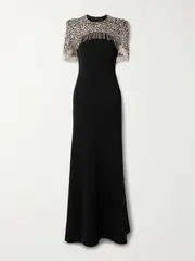[Jenny Packham] Jenny Packham - Rana Cape-effect Fringed Embellished Crepe Gown - Black - UK 14 UK 14 Black