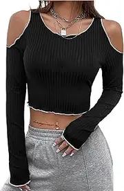 [Hilinker] Womens Long Sleeve Ribbed Crop Top Cold Shoulder Embroidery T Shirt