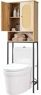 Costway Freestanding Toilet Storage Cabinet, 175 cm Over The Toilet Storage Cabinet w/Rattan Doors, 5 Compartments & Adjustable Foot Pads, Farmhouse Storage Cabinet for Bathroom & Laundry Room