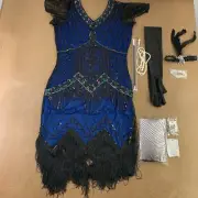 Women's Size XL Black Blue Sequin Fringe Flapper Dress & Accessory Set 9 Pieces