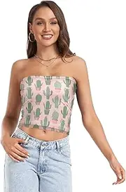 [RPLIFE] Potted Cactus Pink Womens Crop Tube Top Womens Strapless Top, Mesh Tube Tops, Sexy Tube Tops (S)