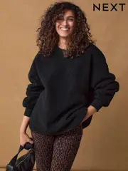 Black Print Relaxed Fit Teddy Borg Fleece Cord Back Longline Crew Neck Sweatshirt (B15563) | $33
