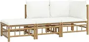 vidaXL Bamboo 3 Piece Garden Lounge Set - Elegant Outdoor Furniture with Cream White Polyester Cushions, Includes Middle Sofa, Corner Sofa and Footstool