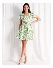 [Tokito] European Linen Blend Flutter Sleeve Mini Dress in Green