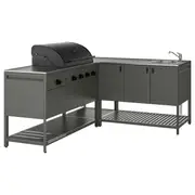 BÅTSKÄR outdoor kitchen w gas bbq+sink unit, dark grey, 180x180 cm