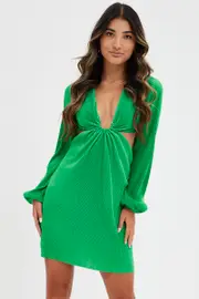 Green Plisse Dress Plunging Ring Detail Balloon Sleeve - Size 8, Women's Bodycon Dress