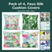 Pack of 4, Faux Silk Geometric Green Leaves Floral Cushion Cover Pillow Case