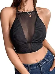 [Nolrahiur] Women's Camisole Tank Top Deep V Neck Sheer Mesh Sexy Crisscross Crop Going Out Bralette Tops